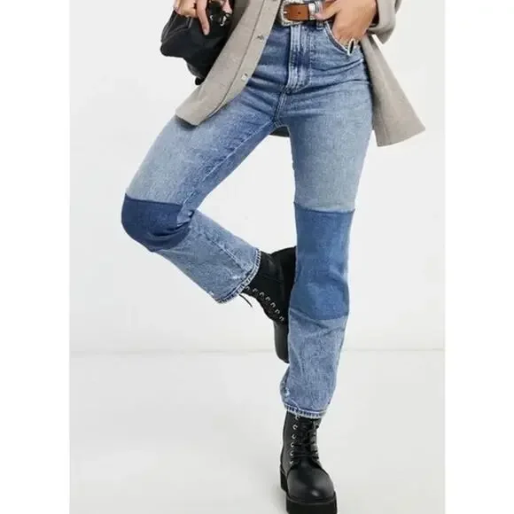 Abercrombie & Fitch The Ankle Straight Leg Jeans Ultra High Rise Patch, Blue